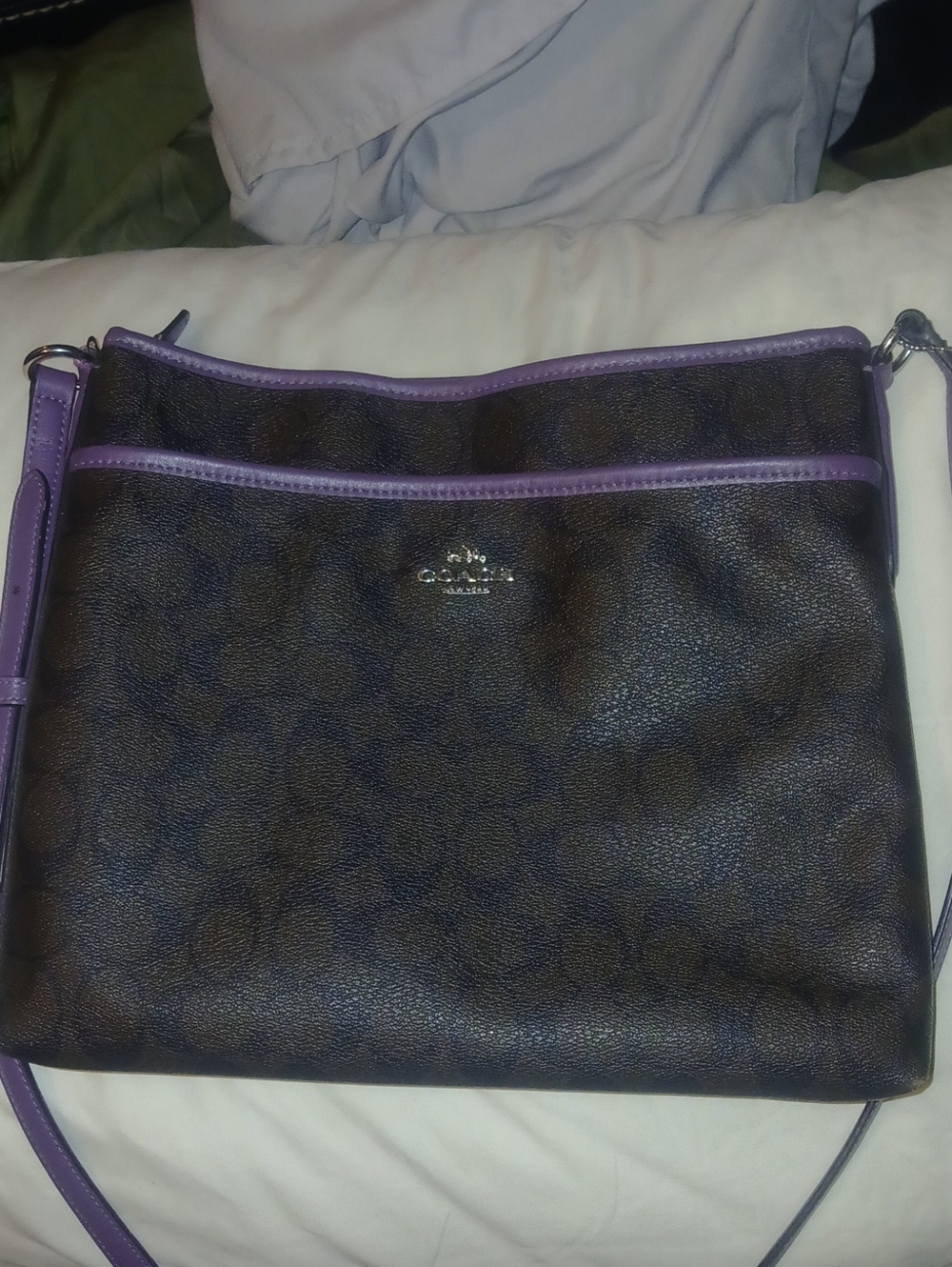 Coach Brown Signature Crossbody with Purple Trim